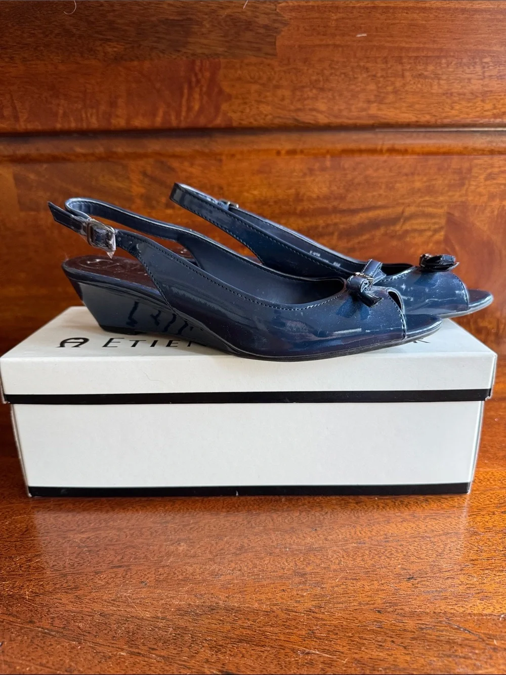 Etienne Aigner Navy Patent Peep-Toe Slingback Wedges with Bow